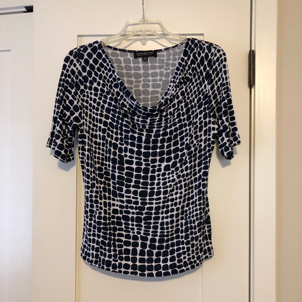 Navy patterned cowl neck top